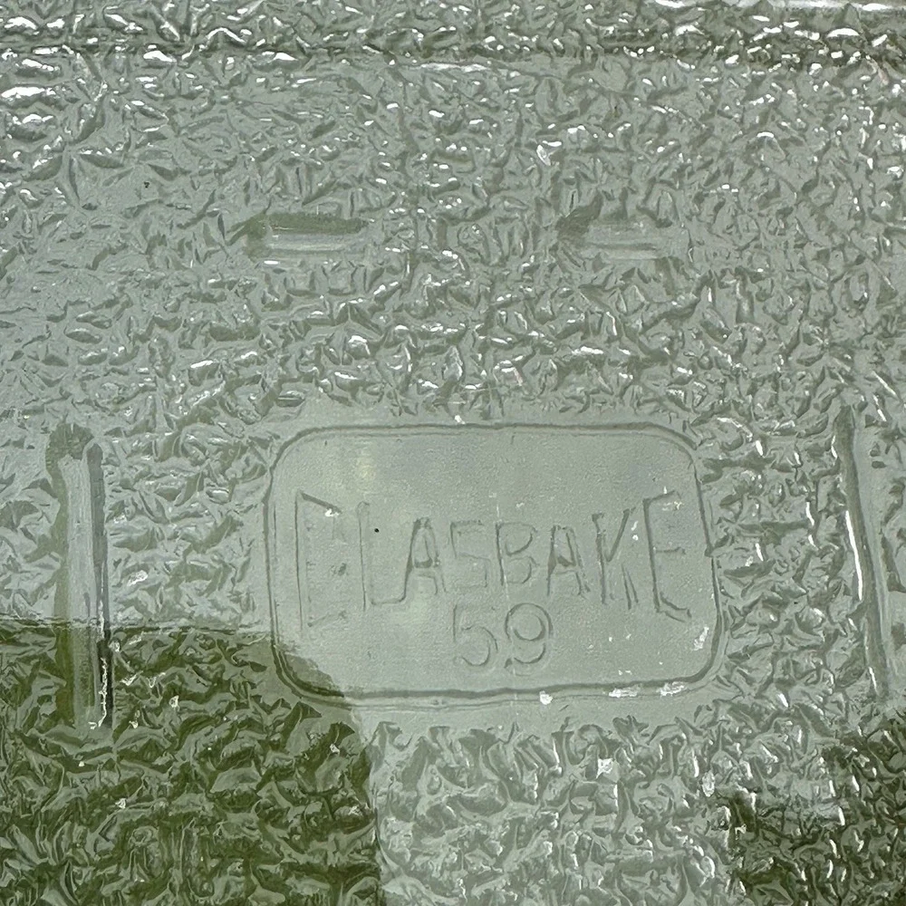Vintage GLASBAKE #59 Clear Glass Loaf Pan Baking Dish Ornate Orange Handles USA
